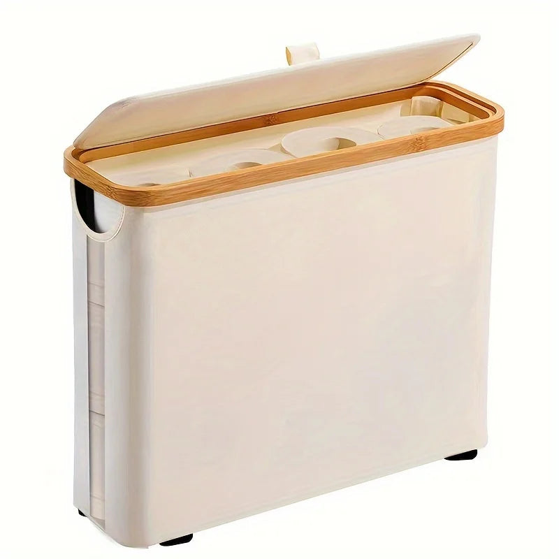 Bohemian Style Black Bamboo Toilet Paper Holder with Storage Basket - Stylish Rectangular Bathroom Organizer with Lid, Polyester