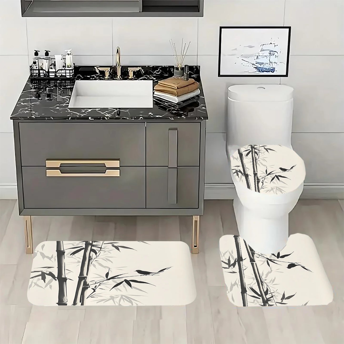 Elegant Bamboo Bathroom Set: Shower Curtain, Mat, Towel, Toilet Cover - 4Pcs Waterproof Decor for a Serene Bath