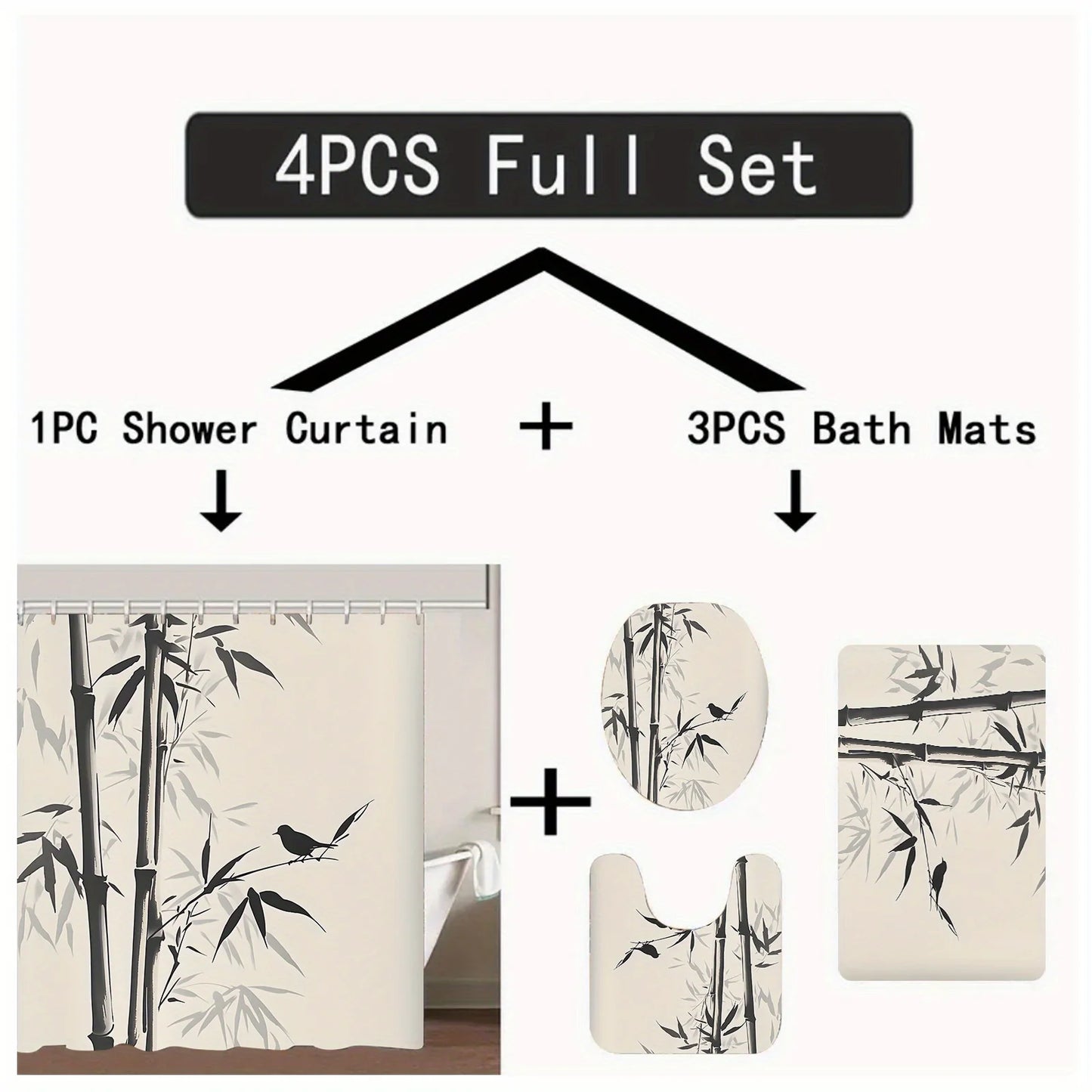 Elegant Bamboo Bathroom Set: Shower Curtain, Mat, Towel, Toilet Cover - 4Pcs Waterproof Decor for a Serene Bath