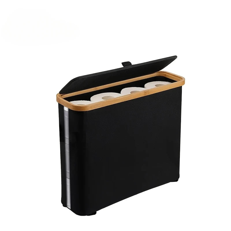 Bohemian Style Black Bamboo Toilet Paper Holder with Storage Basket - Stylish Rectangular Bathroom Organizer with Lid, Polyester