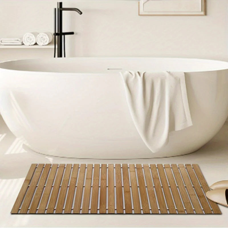 Bamboo Fiber Non-Slip Bath Mat Handcrafted Rectangular Water Resistant Floor Mat Bathroom Shower Thermal Insulation Mat