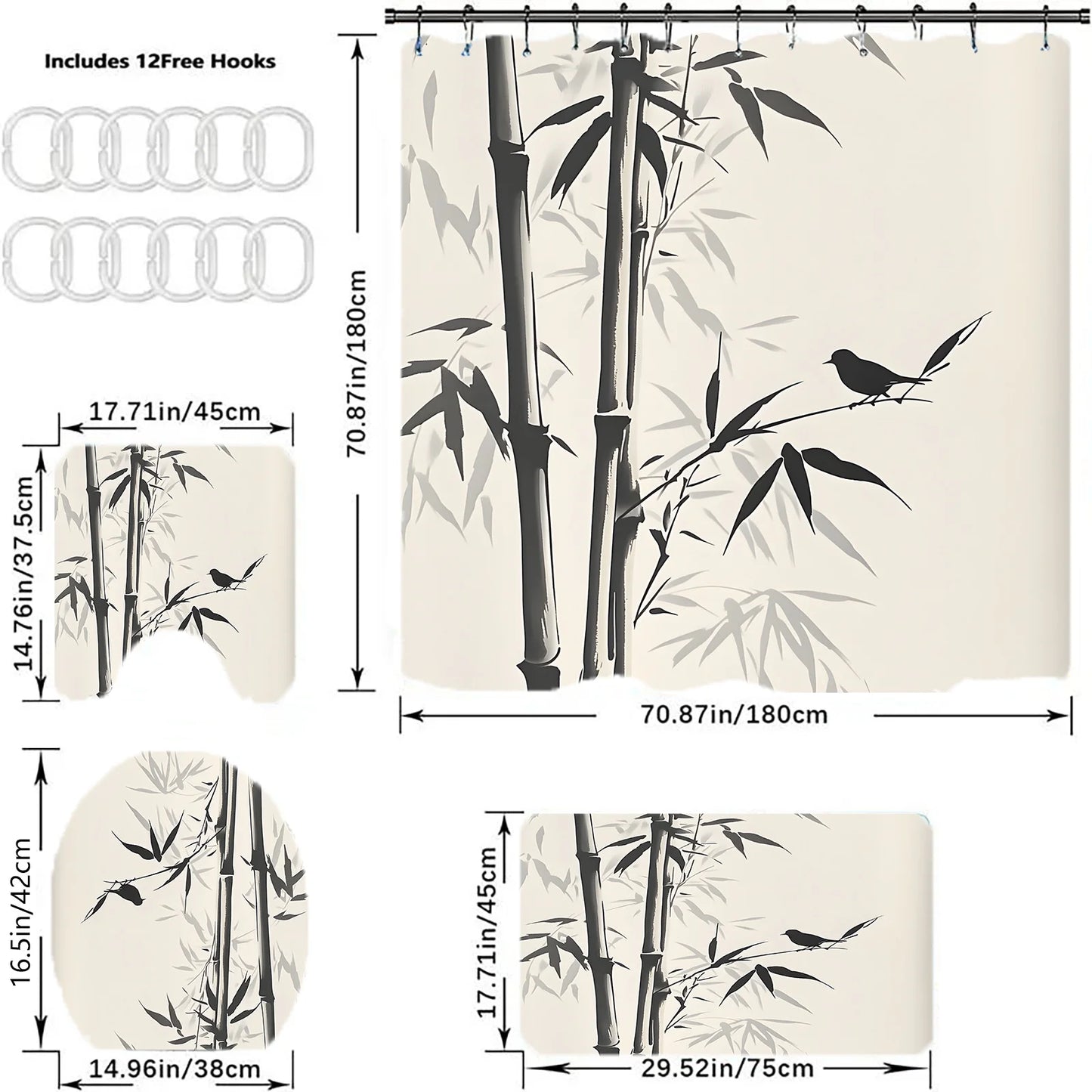 Elegant Bamboo Bathroom Set: Shower Curtain, Mat, Towel, Toilet Cover - 4Pcs Waterproof Decor for a Serene Bath