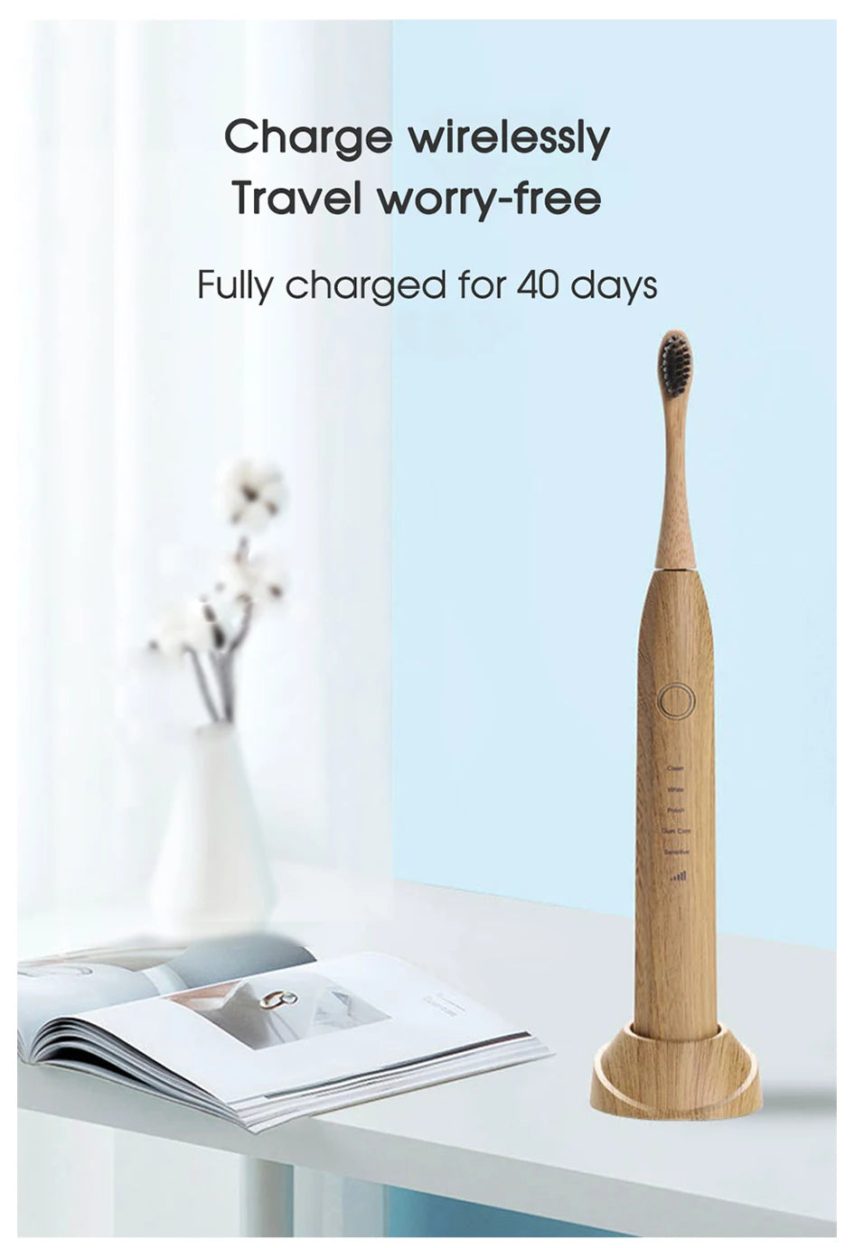 Bamboo Wood Material With 6 Brush Natural Environmental Friendly Teeth Clean Aldult Sonic Electric Toothbrush With 3 Soft Head