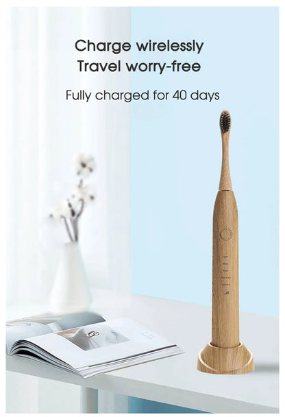 Bamboo Wood Material With 6 Brush Natural Environmental Friendly Teeth Clean Aldult Sonic Electric Toothbrush With 3 Soft Head