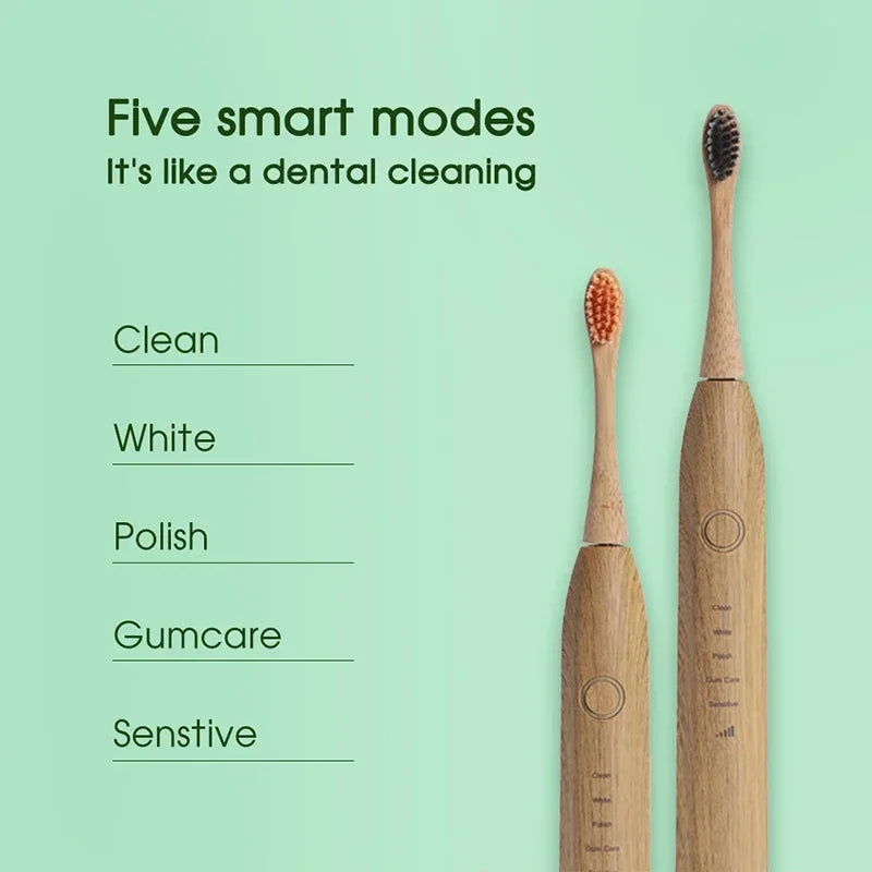 Bamboo Wood Material With 6 Brush Natural Environmental Friendly Teeth Clean Aldult Sonic Electric Toothbrush With 3 Soft Head