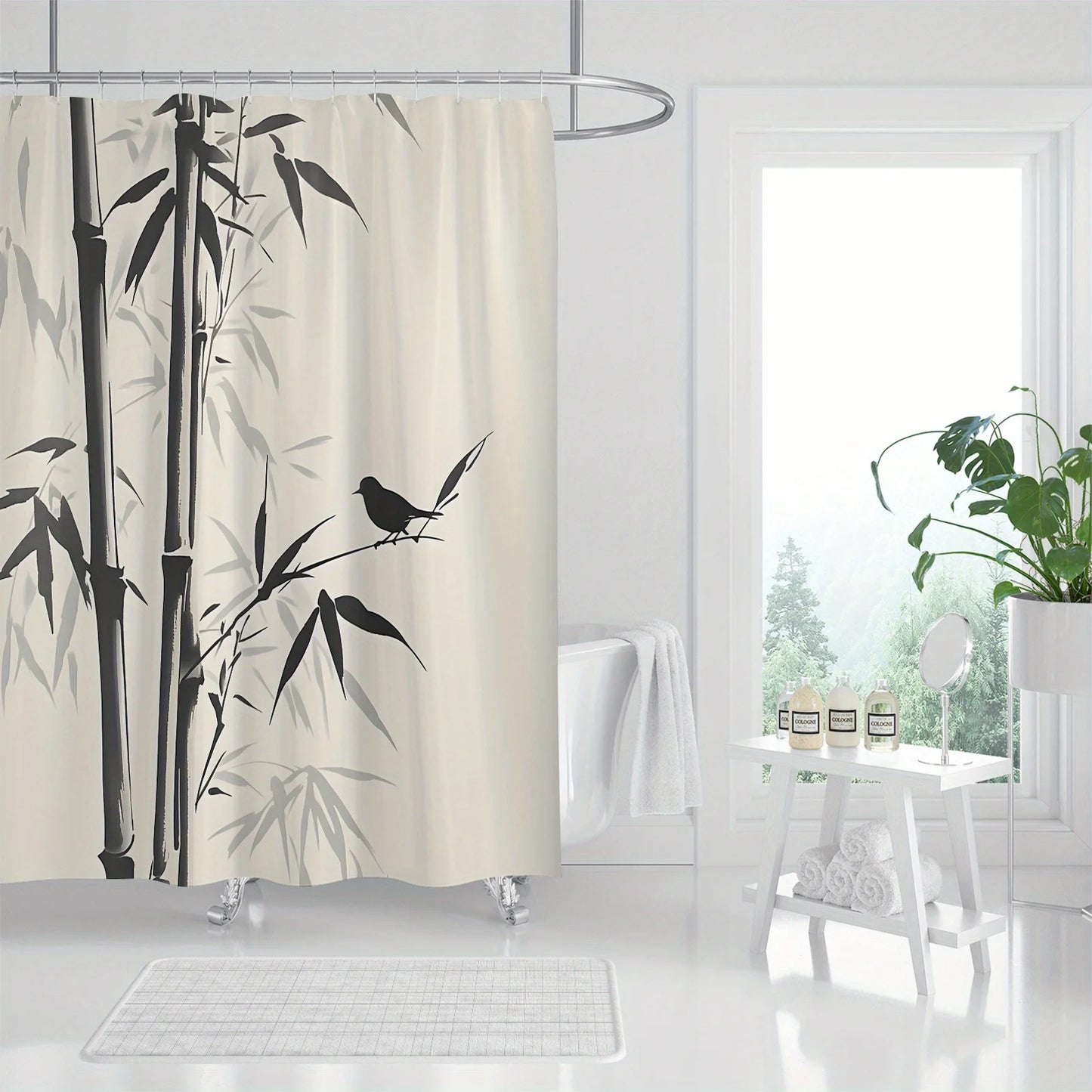 Elegant Bamboo Bathroom Set: Shower Curtain, Mat, Towel, Toilet Cover - 4Pcs Waterproof Decor for a Serene Bath