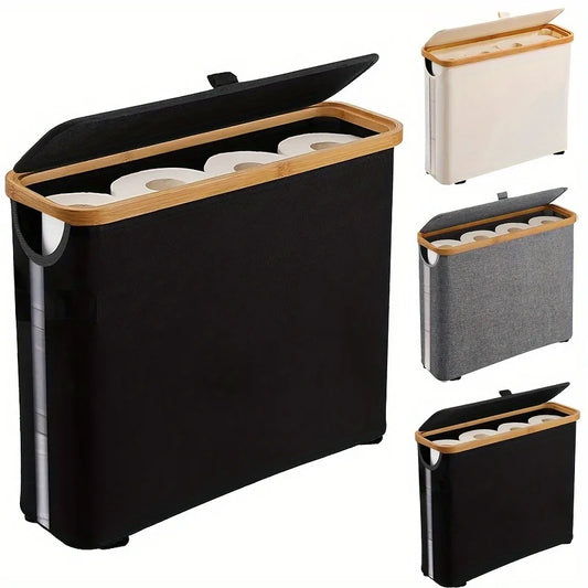 Bohemian Style Black Bamboo Toilet Paper Holder with Storage Basket - Stylish Rectangular Bathroom Organizer with Lid, Polyester