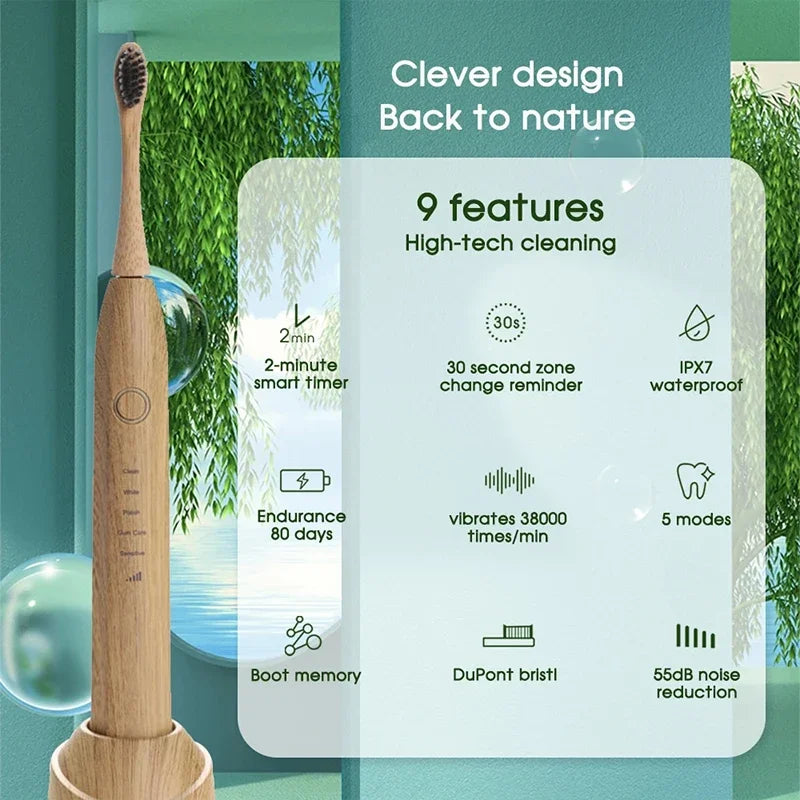 Bamboo Wood Material With 6 Brush Natural Environmental Friendly Teeth Clean Aldult Sonic Electric Toothbrush With 3 Soft Head
