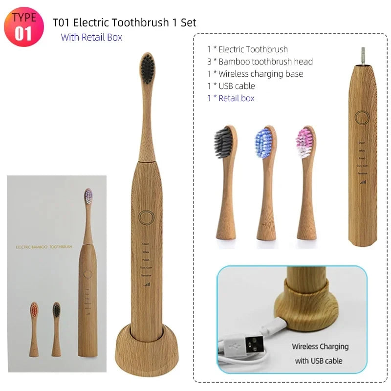 Bamboo Wood Material With 6 Brush Natural Environmental Friendly Teeth Clean Aldult Sonic Electric Toothbrush With 3 Soft Head