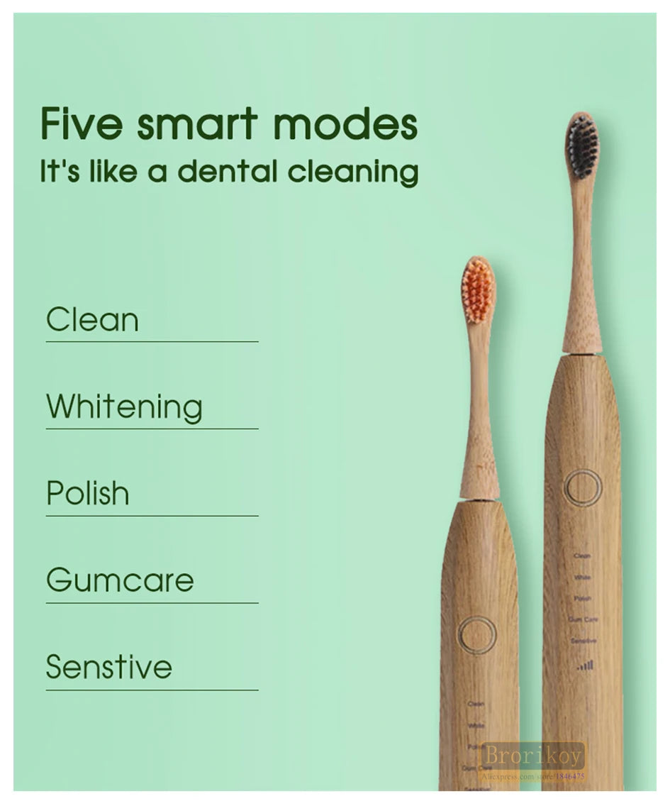 Bamboo Wood Material With 6 Brush Natural Environmental Friendly Teeth Clean Aldult Sonic Electric Toothbrush With 3 Soft Head
