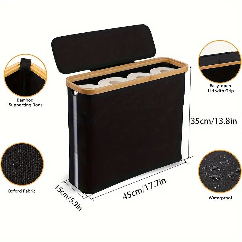 Bohemian Style Black Bamboo Toilet Paper Holder with Storage Basket - Stylish Rectangular Bathroom Organizer with Lid, Polyester