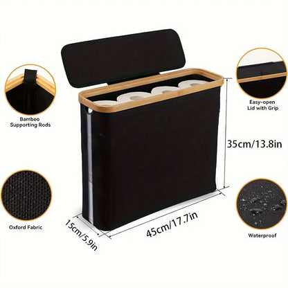 Bohemian Style Black Bamboo Toilet Paper Holder with Storage Basket - Stylish Rectangular Bathroom Organizer with Lid, Polyester