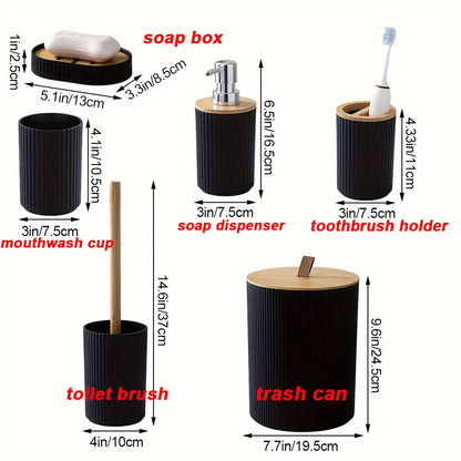 Bamboo Wood Bathroom Accessories Set 6 Toilet Brushes Set Soap Dispenser Bin Toothbrush Holder Cup Set For Soap Dish