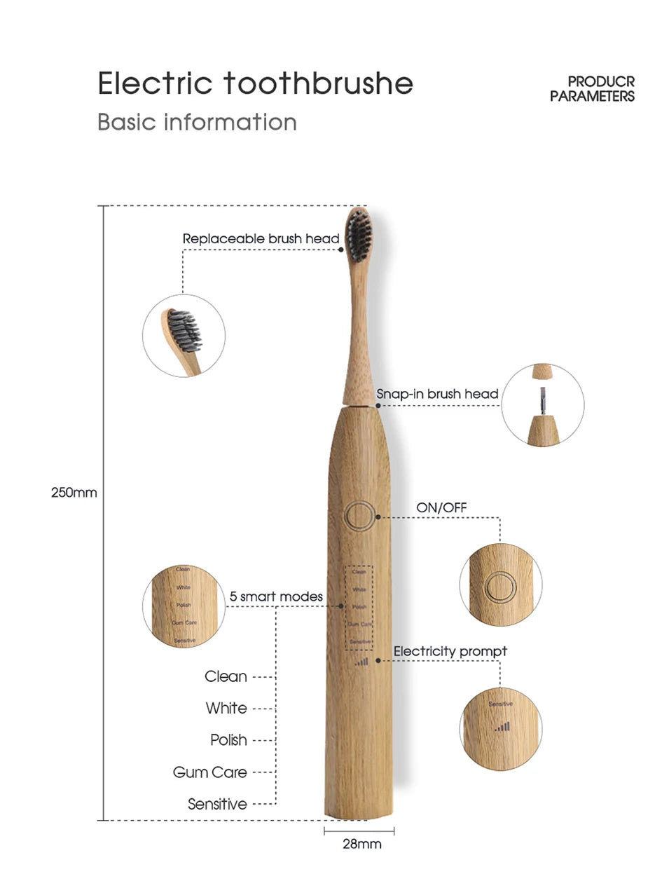 Bamboo Wood Material With 6 Brush Natural Environmental Friendly Teeth Clean Aldult Sonic Electric Toothbrush With 3 Soft Head