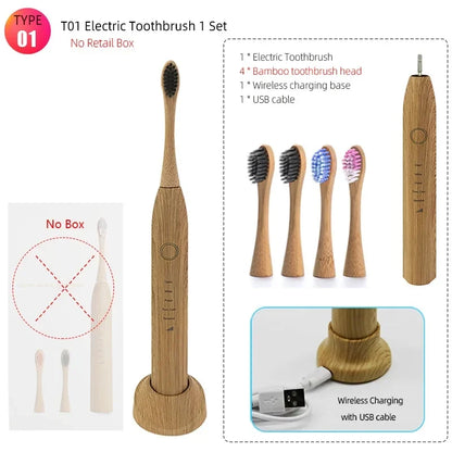 Bamboo Wood Material With 6 Brush Natural Environmental Friendly Teeth Clean Aldult Sonic Electric Toothbrush With 3 Soft Head