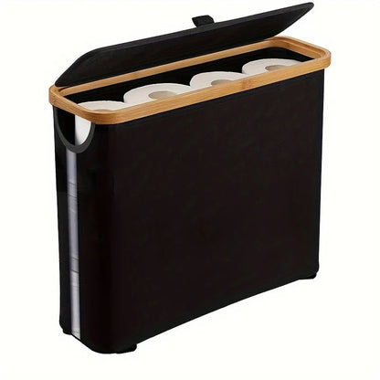 Bohemian Style Black Bamboo Toilet Paper Holder with Storage Basket - Stylish Rectangular Bathroom Organizer with Lid, Polyester