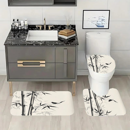 Elegant Bamboo Bathroom Set: Shower Curtain, Mat, Towel, Toilet Cover - 4Pcs Waterproof Decor for a Serene Bath
