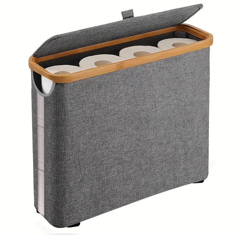 Bohemian Style Black Bamboo Toilet Paper Holder with Storage Basket - Stylish Rectangular Bathroom Organizer with Lid, Polyester