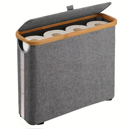 Bohemian Style Black Bamboo Toilet Paper Holder with Storage Basket - Stylish Rectangular Bathroom Organizer with Lid, Polyester