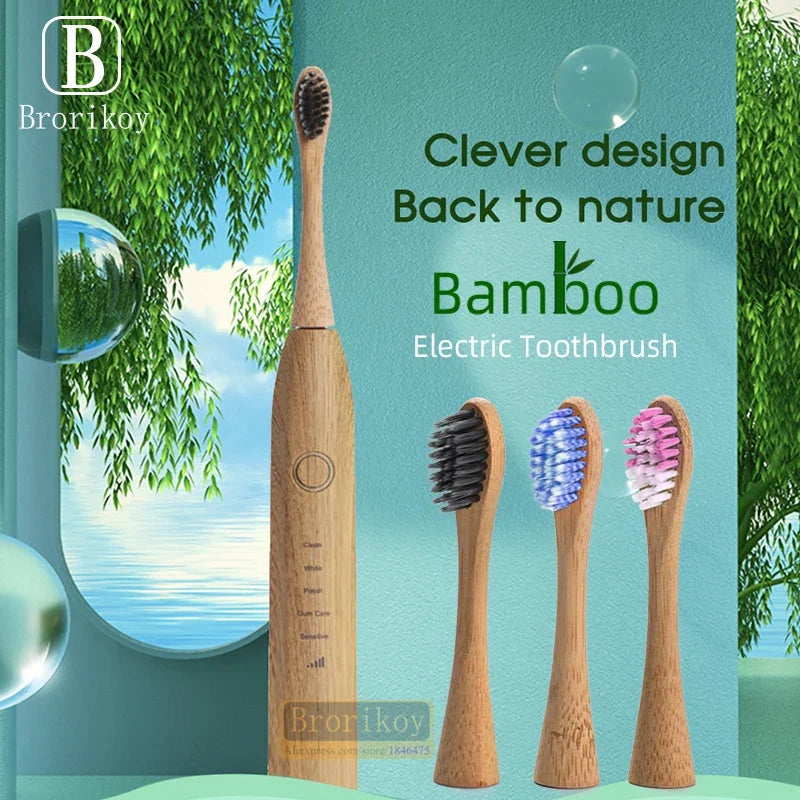 Bamboo Wood Material With 6 Brush Natural Environmental Friendly Teeth Clean Aldult Sonic Electric Toothbrush With 3 Soft Head
