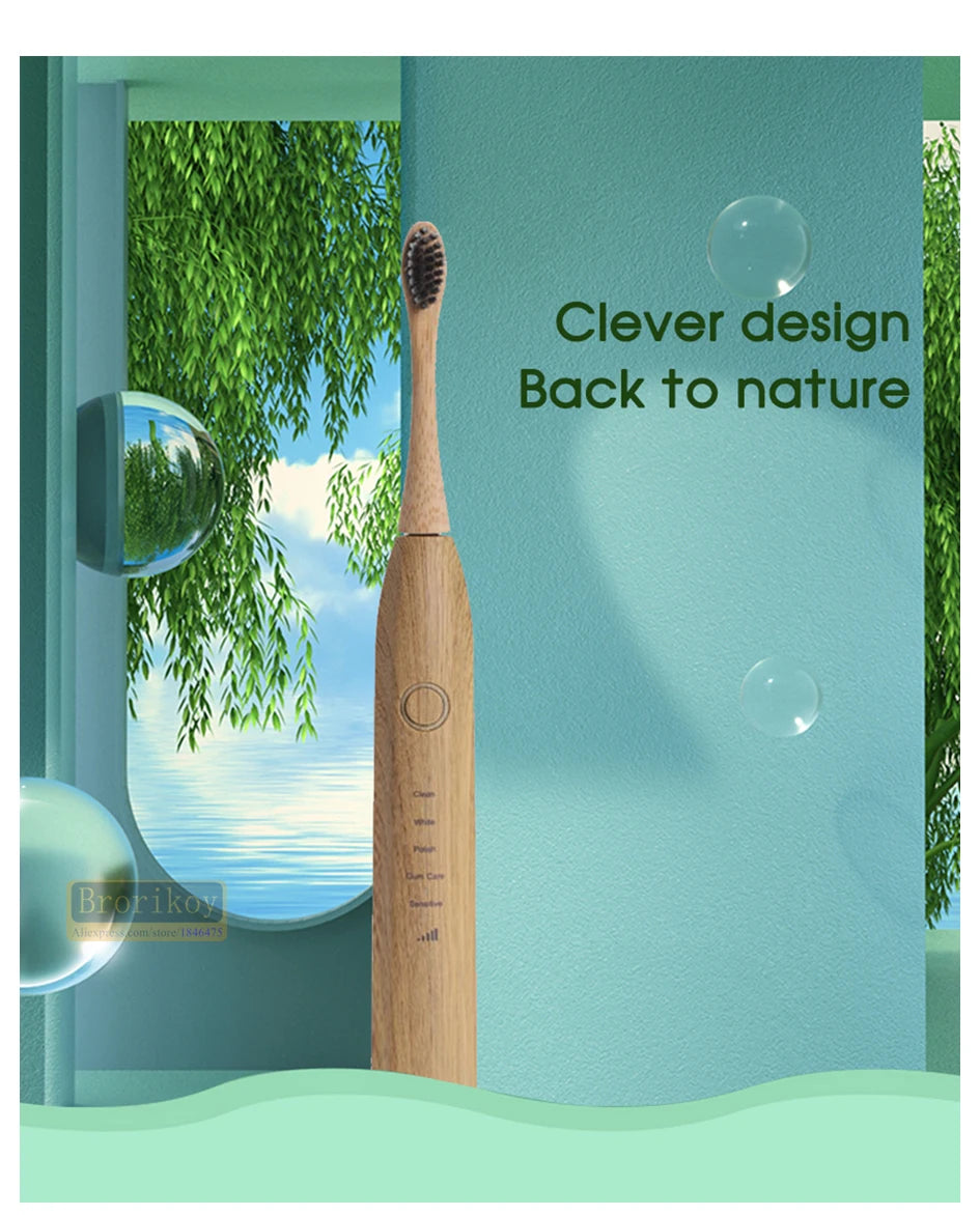 Bamboo Wood Material With 6 Brush Natural Environmental Friendly Teeth Clean Aldult Sonic Electric Toothbrush With 3 Soft Head